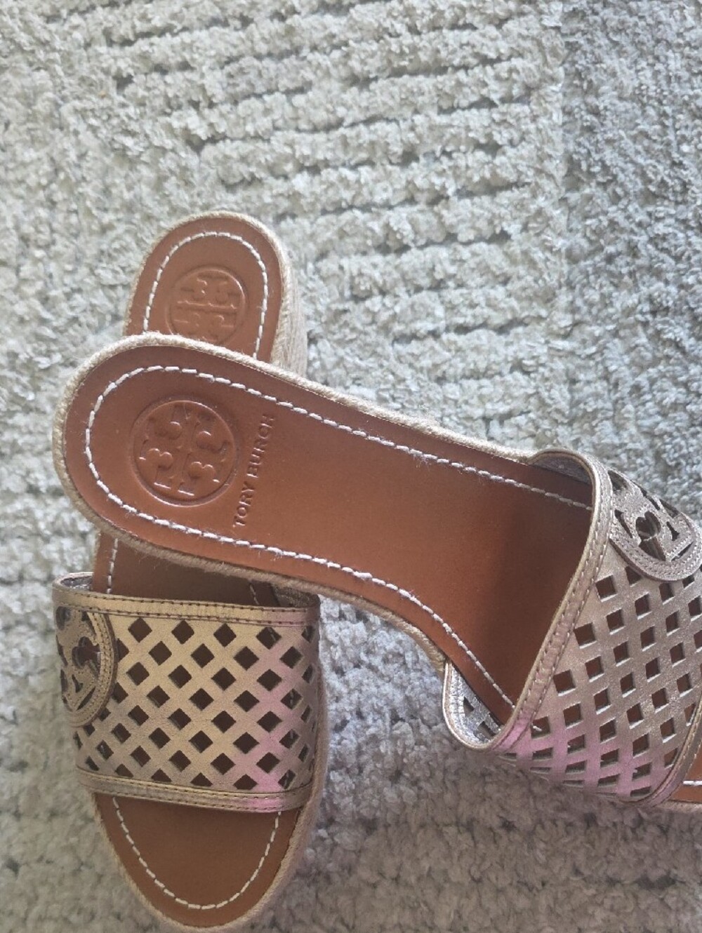 Tory Burch Rose Gold Laser-Cut Slide Mules - Picture 2 of 5